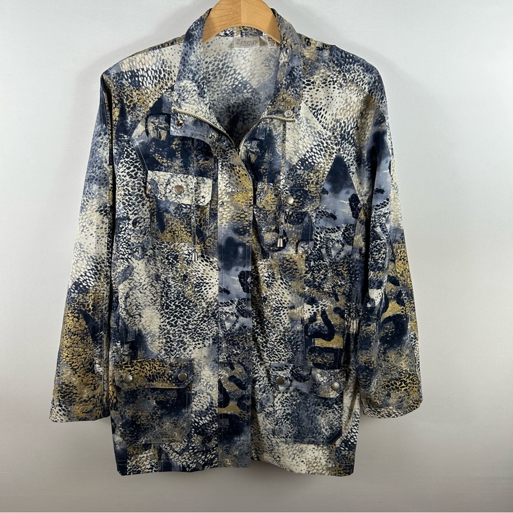 Chico's Artistic Blue and Gold Jean Jacket